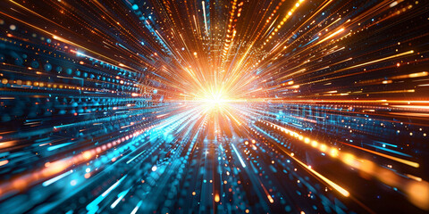 Fototapeta premium Dynamic burst of light with blue and orange streaks, futuristic abstract background showcasing energetic motion and vibrant illumination in a cosmic space theme.banner 