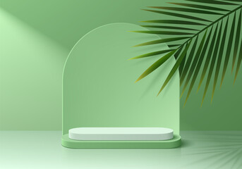 Realistic green 3D round podium background with coconut leaf and arch backdrop wall scene. Minimal mockup or abstract product display presentation, Stage showcase. Platforms vector geometric design.