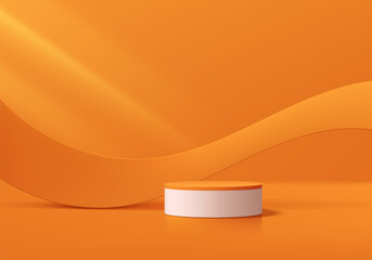 Realistic orange 3D cylindrical podium background with wavy curve shape fabric wall scene. Minimal mockup or abstract product display presentation, Stage showcase. Platforms vector geometric design.