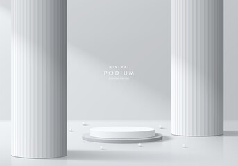Realistic white 3D cylindrical podium background with huge pillars, beads ball wall scene. Minimal mockup or abstract product display presentation, Stage showcase. Platforms vector geometric design.