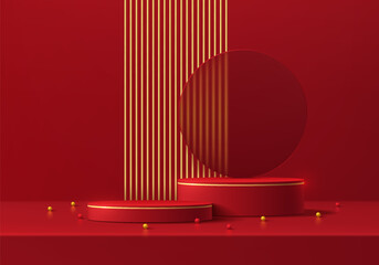 Realistic red 3D cylindrical podium background with sphere ball, golden stripes wall scene. Minimal mockup or abstract product display presentation, Stage showcase. Platforms vector geometric design.