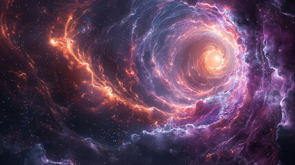 A mesmerizing spiral galaxy with vibrant colors and glowing light at the center, surrounded by vast cosmic clouds.