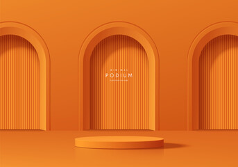 Realistic orange 3D cylindrical podium pedestal background with 3 arch gate on wall scene. Minimal mockup or abstract product display presentation, Stage showcase. Platforms vector geometric design.