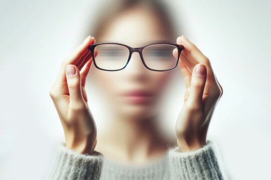 Glasses in hands, blurred vision Isolated on white background copy space