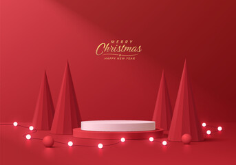 Red 3D cylindrical podium christmas background with neon ball and christmas tree wall scene. Minimal mockup or abstract product display presentation, Stage showcase. Platforms vector geometric design.