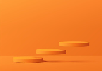 Realistic 3D orange cylindrical podium background with floating round pedestal wall scene. Minimal mockup or abstract product display presentation, Stage showcase. Platforms vector geometric design.