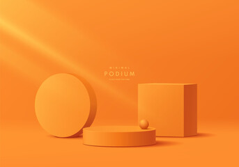 Realistic 3D orange cylindrical podium background with cube pedestal and circle wall scene. Minimal mockup or abstract product display presentation, Stage showcase. Platforms vector geometric design.