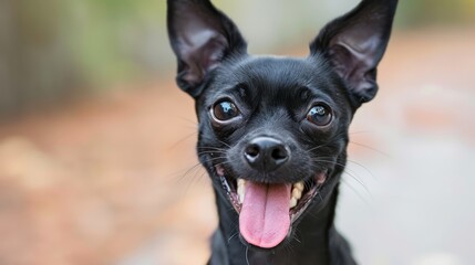  A small black dog with its tongue out and mouth wide open