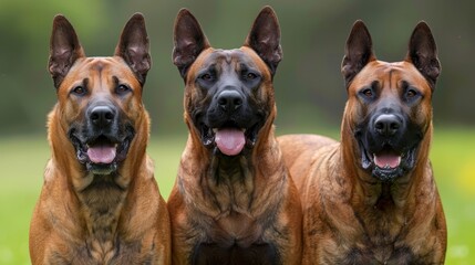  Three dogs stand together on a grass-covered field Adjoining is a expanse of green grass, and another field boasts yellow flowers