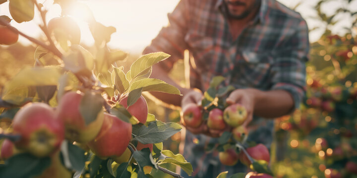 Close up of man picking apples during autumn harvest in orchard