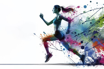 A woman runner abstract color ink splash on a white background