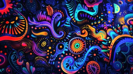 Vibrant Patterns on Monochrome Background illuminated background with folk artistic designs and vibrant neon colors