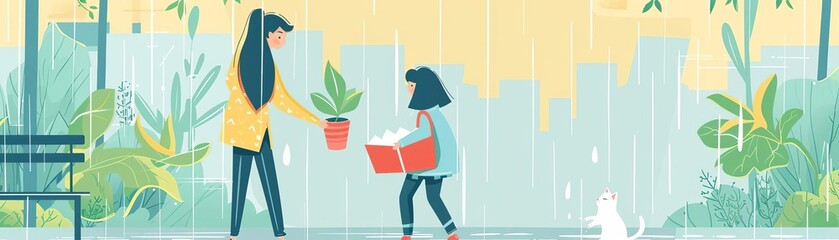 Mother and daughter performing daily activities together  reading book, planting tree, walking under rain, playing sports game, iceskating, painting, washing cat Flat colored vector illustration, clos