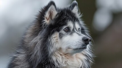 Obraz premium The dog's face, black and white, is tightly framed with a blur