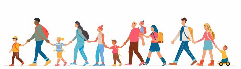 Mother and father leading their children to school Portrait of modern family walking together Parents and kids holding hands isolated on white background Colorful vector illustration in flat style, cl