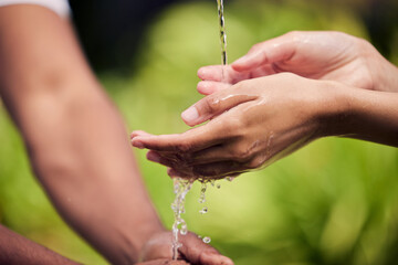 People, nature and water splash on hands for hygiene with safety, health and environment...