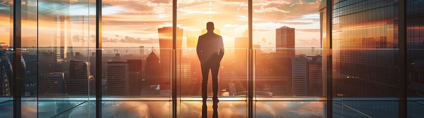 Businessman silhouette standing in a modern office with a panoramic window overlooking the city at sunset, a digital rendering of a man in the foreground, with highrise buildings and skyscrapers outsi