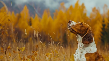  A brown-and-white dog sits in a field, surrounded by tall grass Trees loom in the background, and yellow grass frames the dog's head - Powered by Adobe