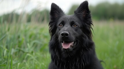  A close-up of a black dog in a field of grass with its mouth open and tongue hanging out