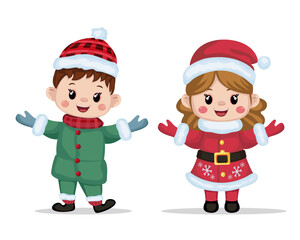 Greeting card with cute kids in Christmas costumes Holiday characters in winter season. Christmas, New Year. Vector, Isolated.