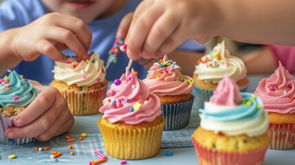 Two children are decorating cupcakes with sprinkles.