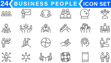 Business people line icons set. Businessman outline icons collection. Teamwork, human resources, meeting, partnership, meeting, work group, success, resume - stock vector.