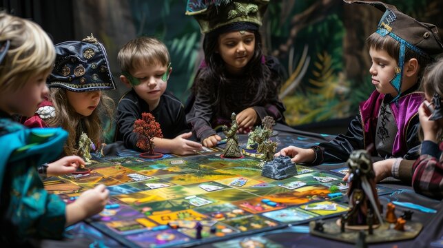 Kids are playing a fantasy board game together. They are all having a lot of fun. The game is called "Mystic Market".