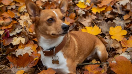  A small brown-and-white dog lies atop a mound of brown and yellow leaves in a field Its collar is brown