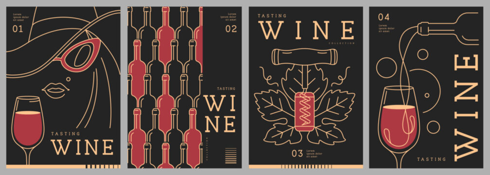 Set of modern line art magazine covers or posters with wine bottles and glasses. Restaurant menu design. Vector illustration