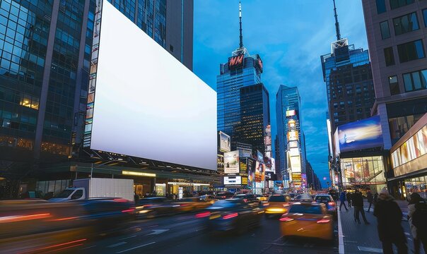 A photo of a blank billboard in Times Square at night with traffic.