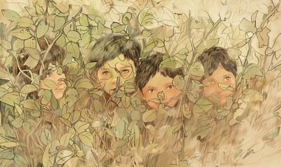 The image shows a group of children hiding in the bushes