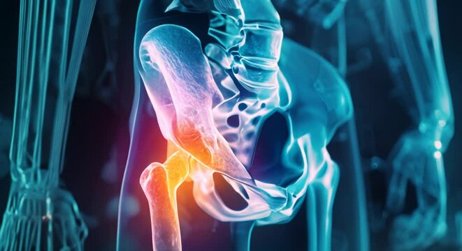 close-up, hip pain, arthritis of the human pelvis and hip joint, gout, rheumatoid arthritis, blue bone shot, red inflammation, bone x-ray motion video