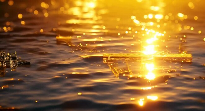 Christian cross on water, small waves, baptism, sunlight, orange dawn, sunset, flood, video wave movement, spiritual