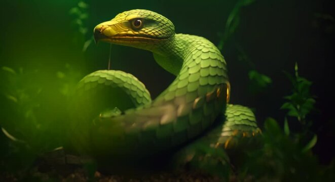 green snake in the jungle, close-up in the foliage, scaly skin, video zoom, viper, dragon