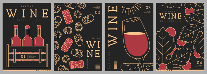 Set of modern line art magazine covers or posters with wine bottles and glasses. Restaurant menu design. Vector illustration