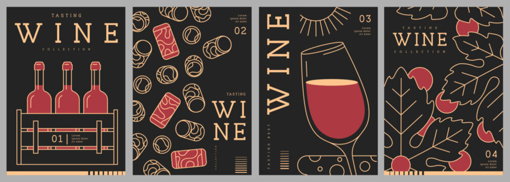 Set of modern line art magazine covers or posters with wine bottles and glasses. Restaurant menu design. Vector illustration