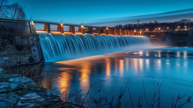 Water dam with illuminated floodlights at night. Landscape of hydrop WINDOW water and power plant on the river bank. Water spouting from big skyscraper high stone wall, blue sky, long exposure.