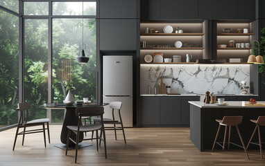 Modern interior of the kitchen and living room in black, white and gray colors with dark brown panels on one wall. There is an open space between the two rooms, there is a refrigerator and table for e