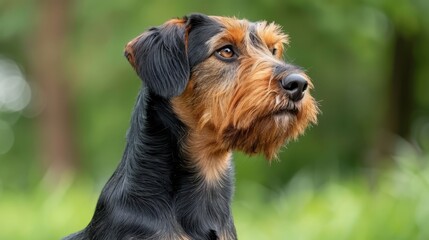  A dog's face, in sharp focus, gazes out at a distance Background consists of trees and grass, both blurred Foreground likewise holds a soft blur
