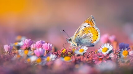 Obraz premium A close-up of a butterfly above a blurred backdrop of pink, yellow, and white flowers, including daisies, in the foreground