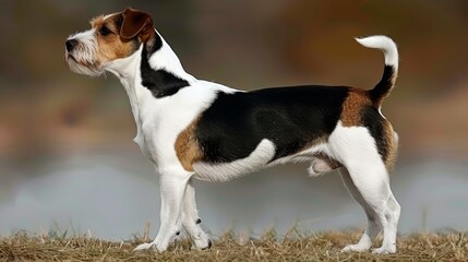  A brown-and-white dog stands atop a green field, near another similar dog on a drier, grass-covered area, bordering a body of water