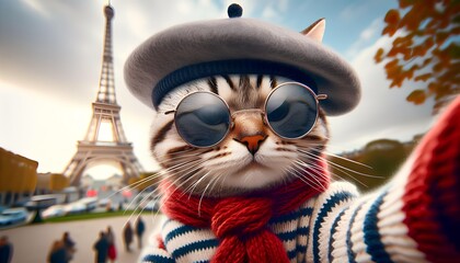 The cat is dressed in a striped sweater and a red scarf, giving it a Parisian chic look, Social media posts, Travel blogs, Websites, Greeting cards, Stationary, Pet product packaging