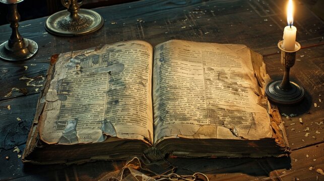 An ancient book with cryptic symbols open on a table, candlelight casting strange shadows