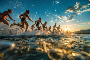 A demanding and exhilarating moment in a triathlon, capturing the endurance, versatility, and determination of the athletes as they swim, bike, and run, with a supportive crowd and scenic backdrop.