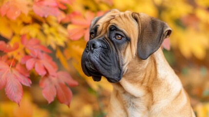 Obraz premium A brown and black dog stands before a tree, its branches adorned with red and yellow leaves Behind the dog, a yellow and orange tree emerges, its red leaves contrasting against