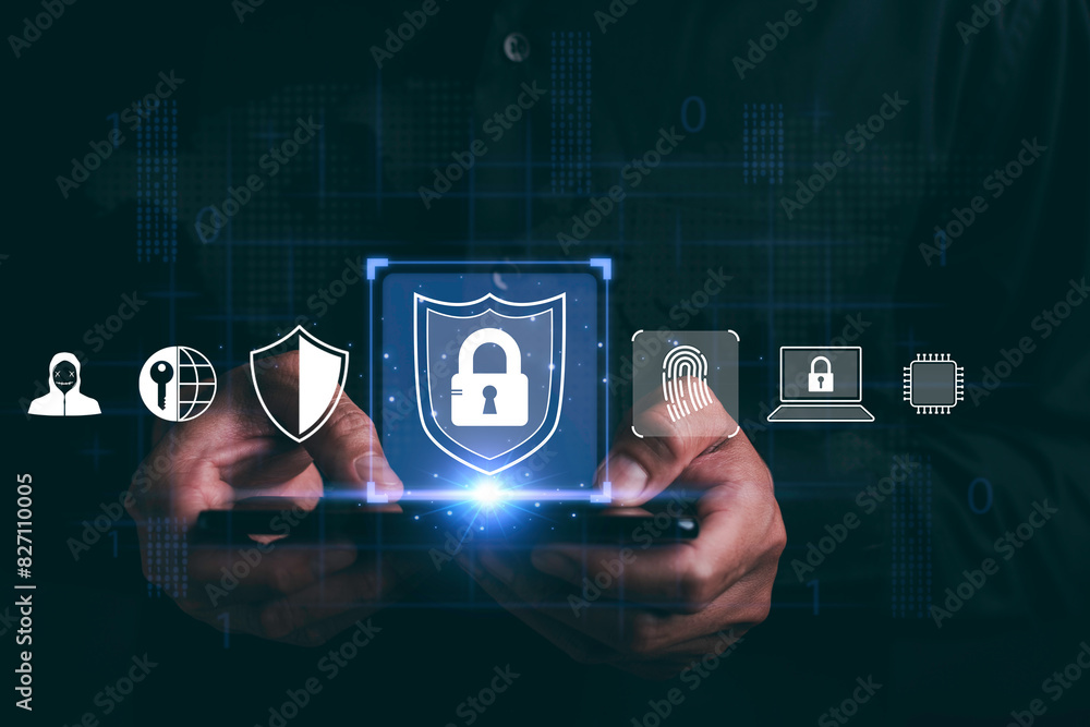 Poster cybersecurity and privacy with technology. data protection, encryption, and secure connections. busi