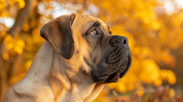  A tight shot of a dog's face, positioned in front of a tree with yellow leaves The foreground features a crisp depiction of the foliage, while the background compris