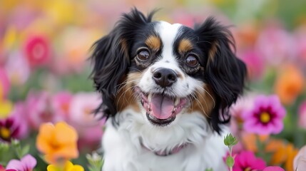  A close-up of a dog in a field of flowers with its mouth open and tongue hanging out