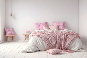 Light, cute and cozy home bedroom interior with unmade bed, pink plaid and cushions on empty white wall background. 3D rendering.