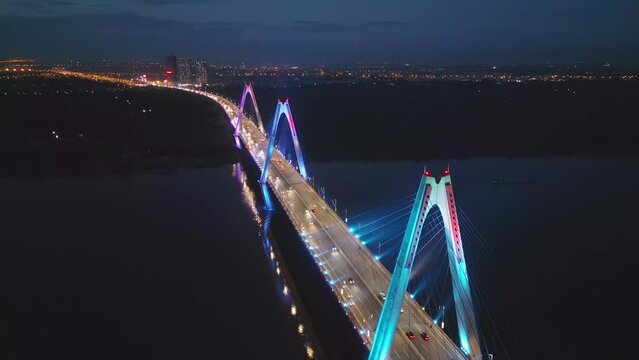 Aerial view of Cau Nhat Tan Cable Bridge or Vietnam&ndash;Japan Friendship Bridge crossing the Red River in Hanoi City, Vietnam. Tourist attraction landmark.